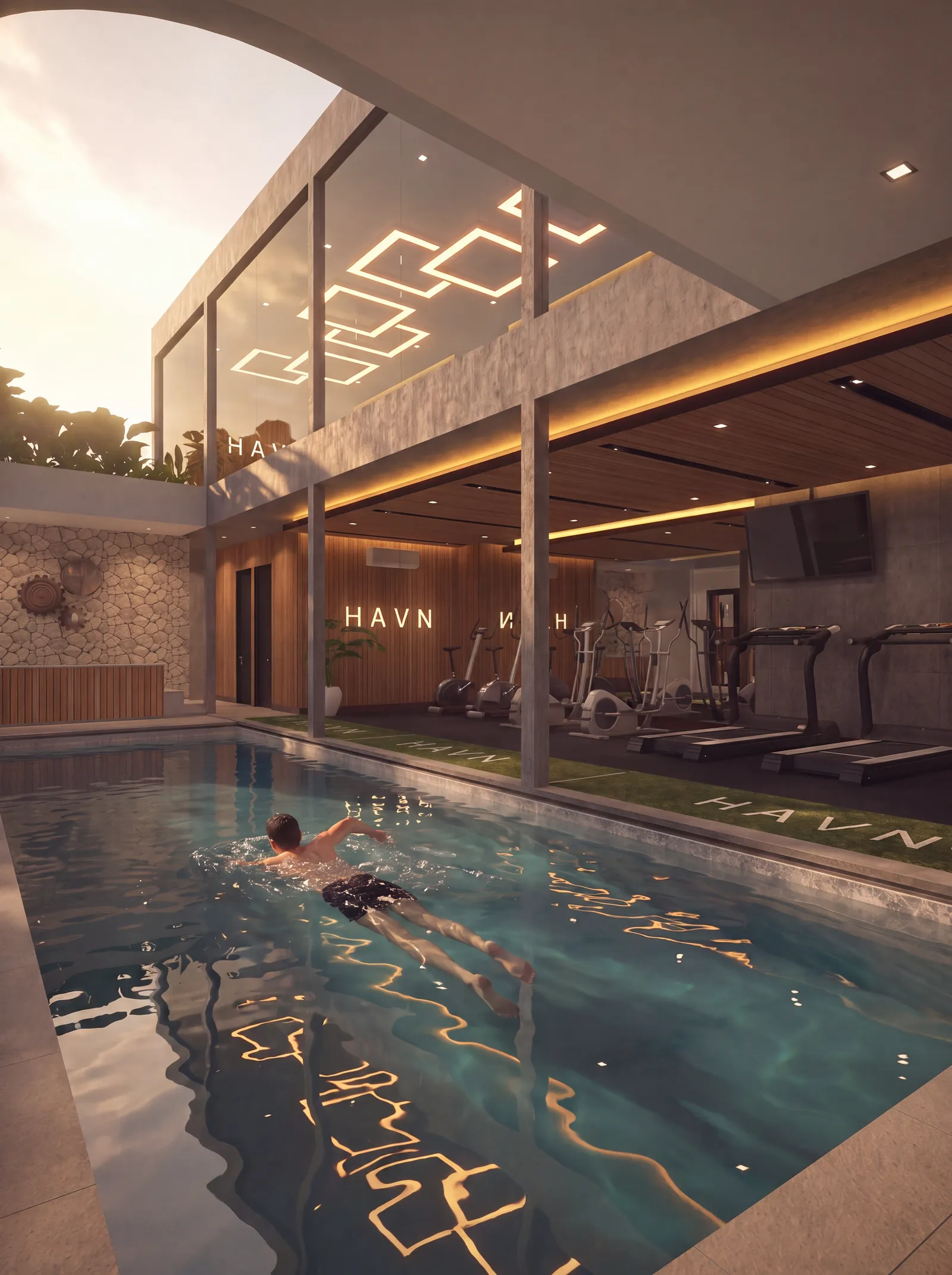 HAVN shared indoor pool at sunrise, seen from the deck